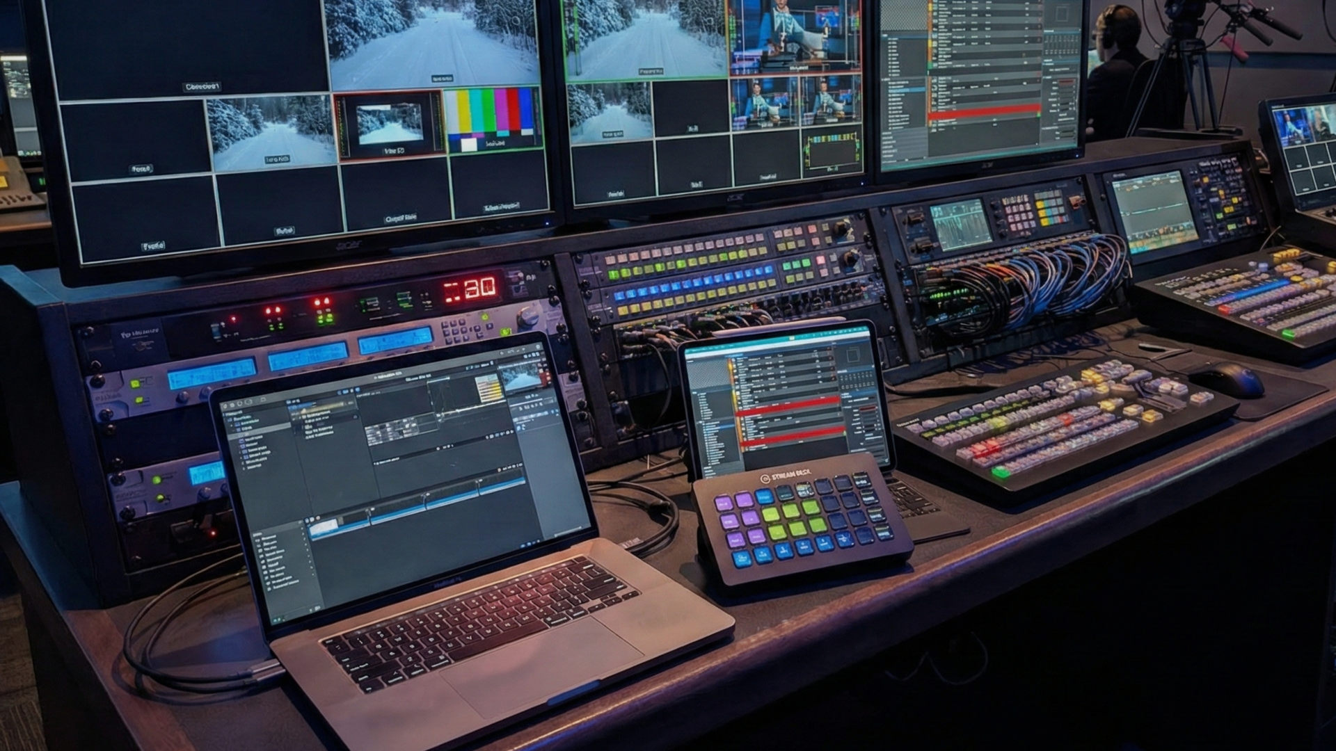 A cool picture of a broadcast control room with a laptop and streamdeck
